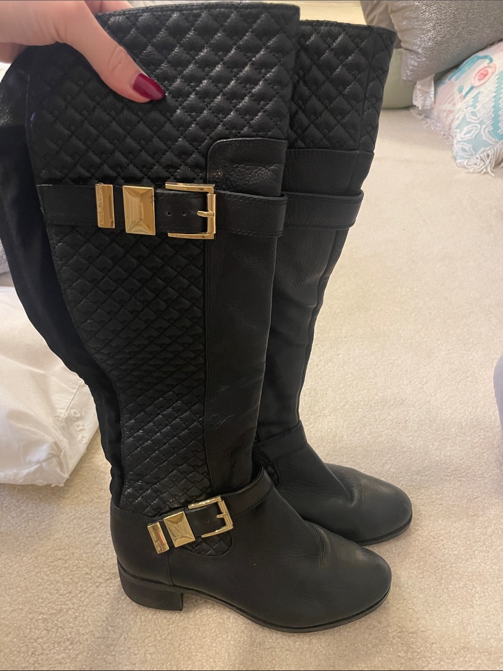 Vince Camuto Black Quilted Over-the-Knee Boots with Gold Buckles